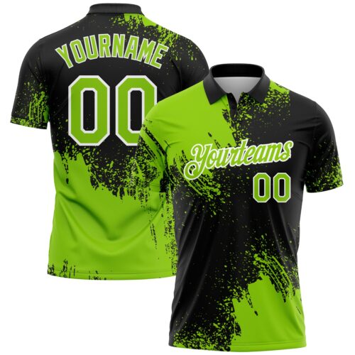Polo1354 Custom Neon Green Black-White 3D Pattern Design Abstract Brush Stroke Performance Polo Shirt