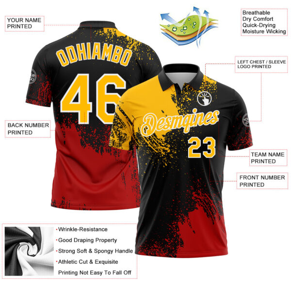 Custom Gold Black-Red 3D Pattern Design Abstract Brush Stroke Performance Polo Shirt
