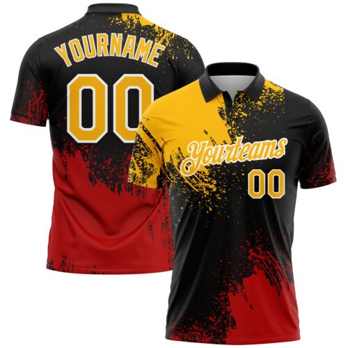 Polo1357 Custom Gold Black-Red 3D Pattern Design Abstract Brush Stroke Performance Polo Shirt