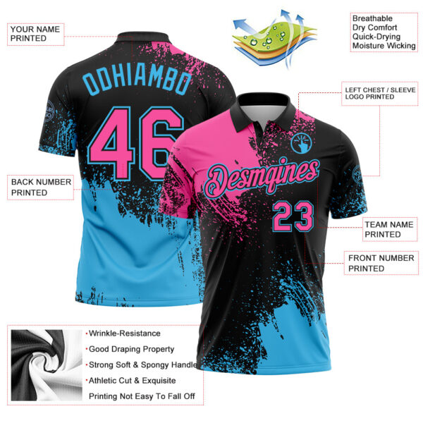 Custom Pink Black-Sky Blue 3D Pattern Design Abstract Brush Stroke Performance Polo Shirt