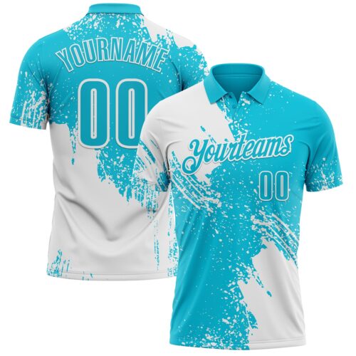 Polo1464 Custom White Lakes Blue 3D Pattern Design Abstract Brush Stroke Performance Polo Shirt