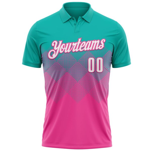 Custom Aqua White-Pink 3D Gradient Square Shape Performance Polo Shirt