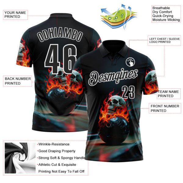 Custom Black White 3D Flame Skull Bowling Performance Polo Shirt