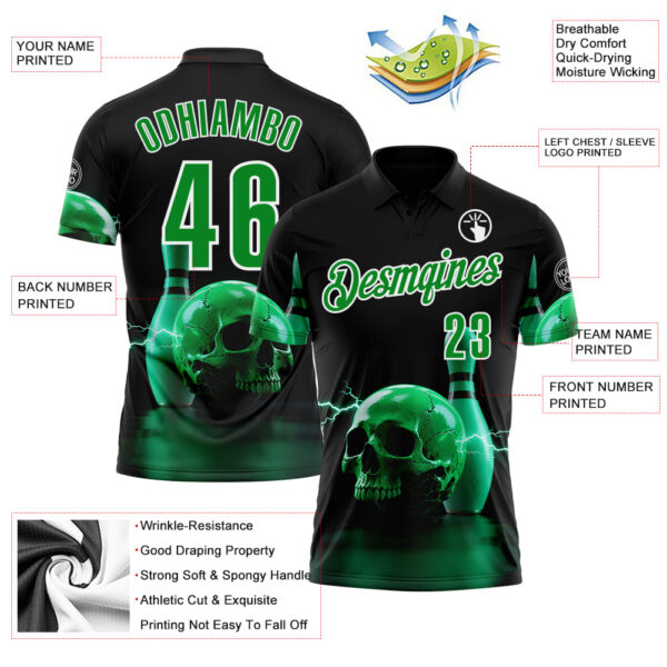 Custom Black Grass Green-White 3D Lightning Skull Bowling Performance Polo Shirt