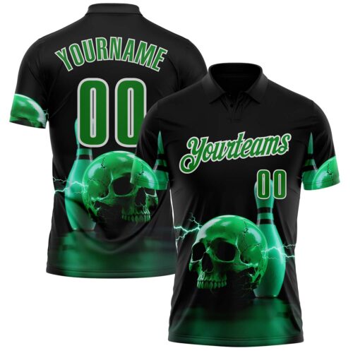 Polo1626 Custom Black Grass Green-White 3D Lightning Skull Bowling Performance Polo Shirt
