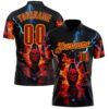 Custom Black Red-Yellow 3D Flame Lightning Skull Bowling Performance Polo Shirt