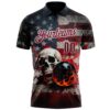 Custom Navy Crimson-White 3D American Flag Splash Flame Skull Bowling Performance Polo Shirt