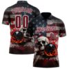 Custom Navy Crimson-White 3D American Flag Splash Flame Skull Bowling Performance Polo Shirt