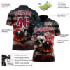 Custom Navy Crimson-White 3D American Flag Splash Flame Skull Bowling Performance Polo Shirt