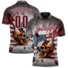 Custom Gray Crimson-White 3D American Flag Splash Flame Skull Bowling Performance Polo Shirt