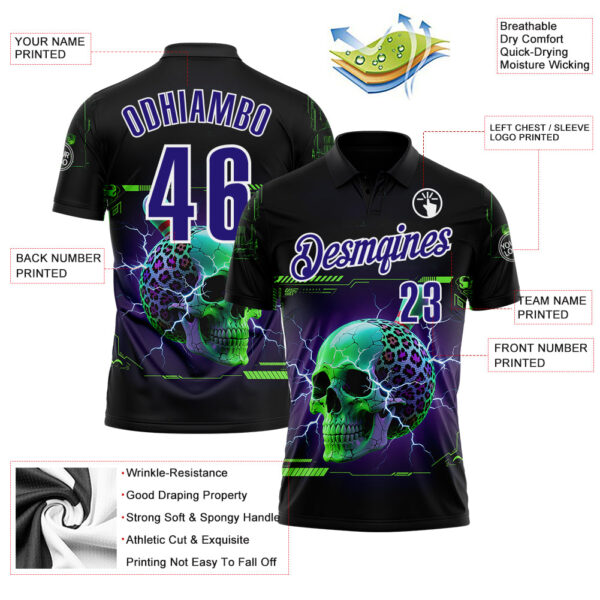 Custom Black Dark Purple-White 3D Lightning Leopard Print Skull Bowling Performance Polo Shirt