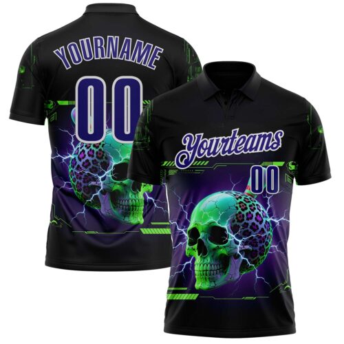 Polo1635 Custom Black Dark Purple-White 3D Lightning Leopard Print Skull Bowling Performance Polo Shirt