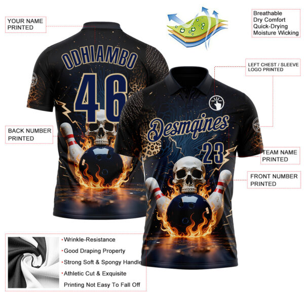 Custom Navy Vegas Gold 3D Flame Leopard Print Skull Bowling Performance Polo Shirt
