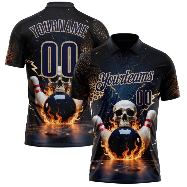 Custom Navy Vegas Gold 3D Flame Leopard Print Skull Bowling Performance Polo Shirt