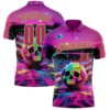 Custom Deep Pink Neon Green 3D American Flag Graffiti Splash Skull Bowling Performance Polo Shirt