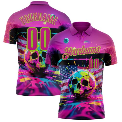 Polo1645 Custom Deep Pink Neon Green 3D American Flag Graffiti Splash Skull Bowling Performance Polo Shirt