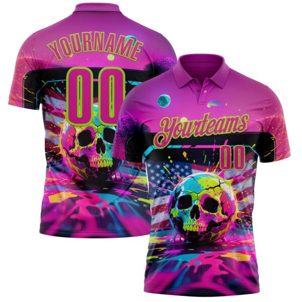 Custom Deep Pink Neon Green 3D American Flag Graffiti Splash Skull Bowling Performance Polo Shirt