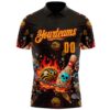 Custom Black Gold-Red 3D Flame Skull Bowling Performance Polo Shirt
