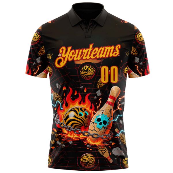 Custom Black Gold-Red 3D Flame Skull Bowling Performance Polo Shirt