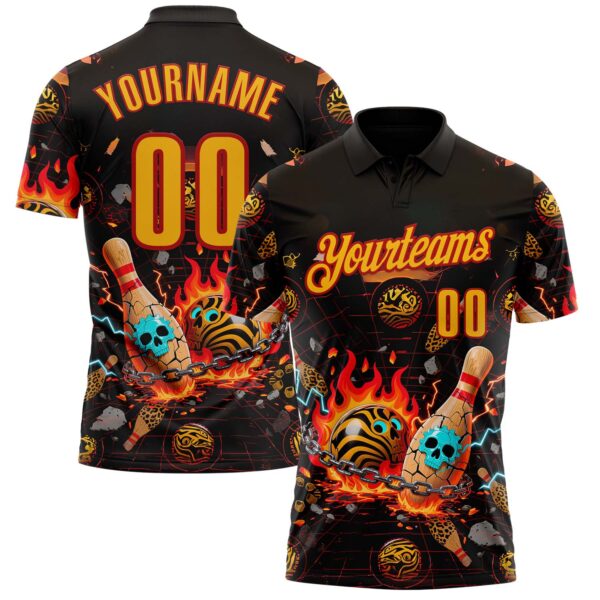 Custom Black Gold-Red 3D Flame Skull Bowling Performance Polo Shirt