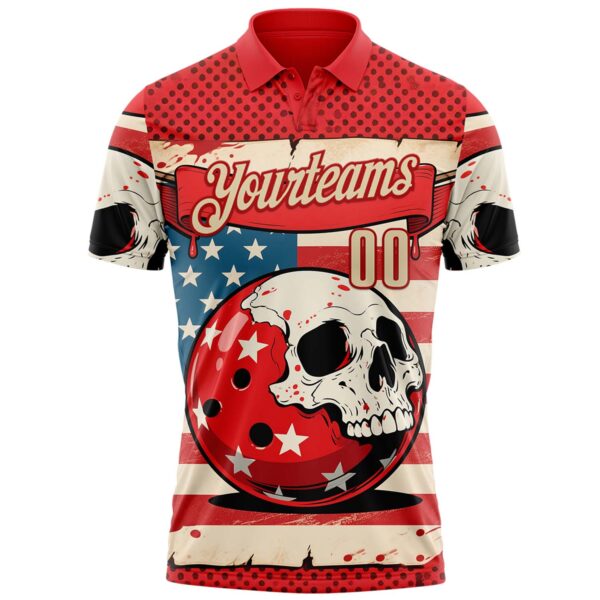 Custom Red Cream 3D Retro American Flag Skull Bowling Performance Polo Shirt