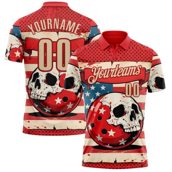 Custom Red Cream 3D Retro American Flag Skull Bowling Performance Polo Shirt