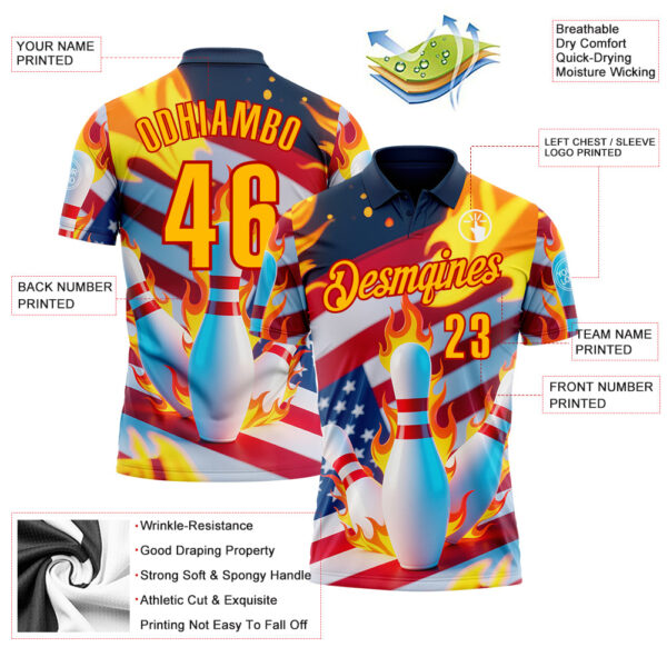 Custom Navy Gold-Red 3D American Flag Flame Bowling Performance Polo Shirt