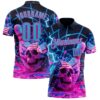 Custom Navy Sky Blue-Deep Pink 3D American Flag Splash Lightning Skull Bowling Performance Polo Shirt