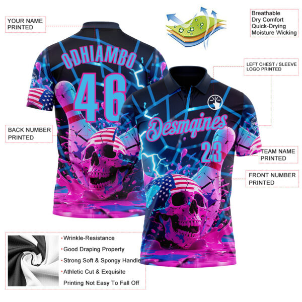 Custom Navy Sky Blue-Deep Pink 3D American Flag Splash Lightning Skull Bowling Performance Polo Shirt