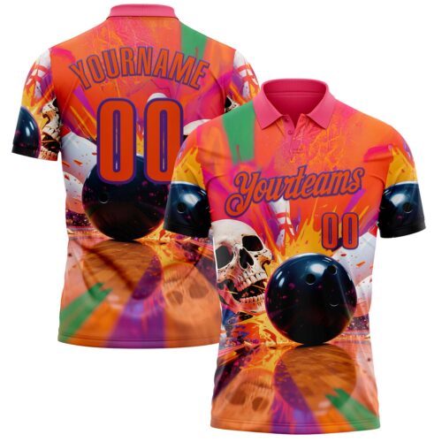 Polo1659 Custom Orange Purple 3D Splash Skull Bowling Performance Polo Shirt