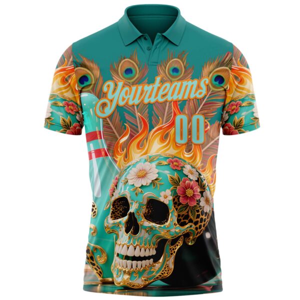 Custom Blue Ice Blue-Bay Orange 3D Peacock Flame Skull Bowling Performance Polo Shirt