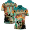 Custom Blue Ice Blue-Bay Orange 3D Peacock Flame Skull Bowling Performance Polo Shirt