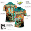Custom Blue Ice Blue-Bay Orange 3D Peacock Flame Skull Bowling Performance Polo Shirt