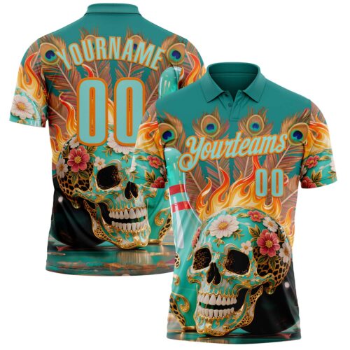 Custom Blue Ice Blue-Bay Orange 3D Peacock Flame Skull Bowling Performance Polo Shirt