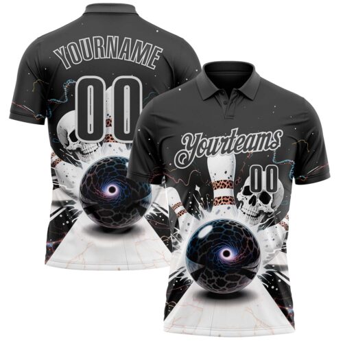 Polo1671 Custom Steel Gray White 3D Galaxy Leopard Print Skull Bowling Performance Polo Shirt