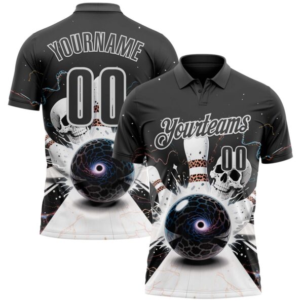 Custom Steel Gray White 3D Galaxy Leopard Print Skull Bowling Performance Polo Shirt