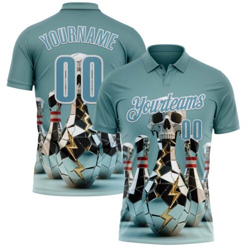 Custom Shadow Blue White 3D Shattered Mirror Skull Bowling Performance Polo Shirt