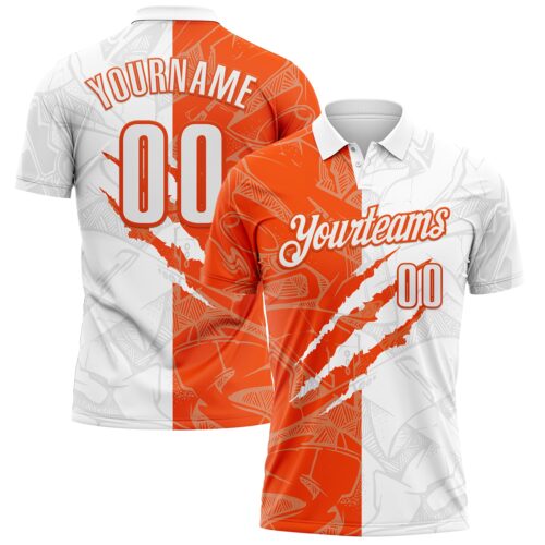 Custom Graffiti Pattern White-Orange 3D Scratch Performance Polo Shirt