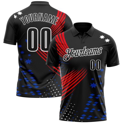 Polo1856 Custom Black Fire Red Thunder Blue-White 3D Pattern Design Star And Geometric Shapes Performance Polo Shirt
