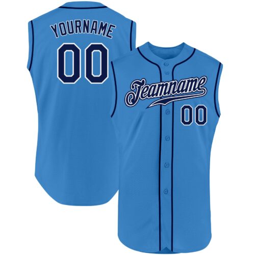 PowderBlue0132 Custom Powder Blue Navy-White Authentic Sleeveless Baseball Jersey