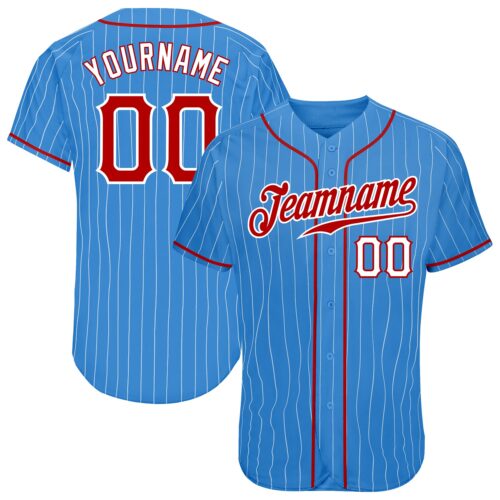 PowderBlue0146 Custom Powder Blue White Pinstripe Red-White Authentic Baseball Jersey
