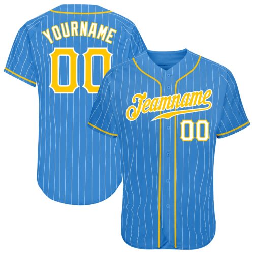 PowderBlue0147 Custom Powder Blue White Pinstripe Gold-White Authentic Baseball Jersey