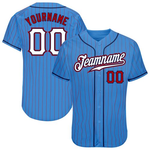 PowderBlue0151 Custom Powder Blue Red Pinstripe White-Navy Authentic Baseball Jersey