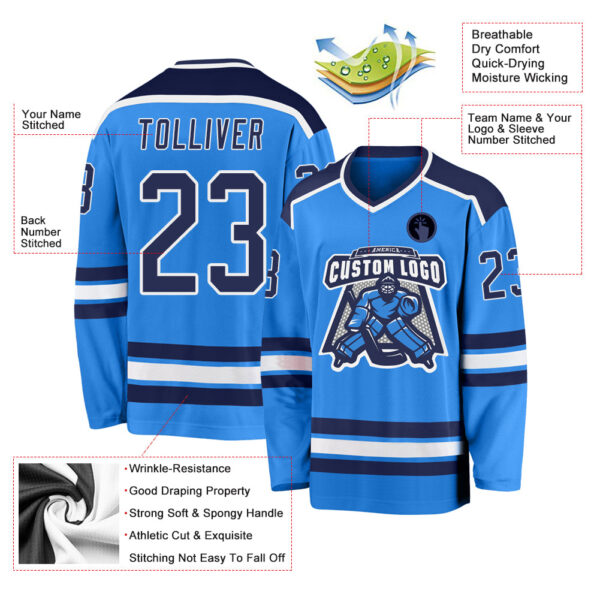 Custom Powder Blue Navy-White Hockey Jersey
