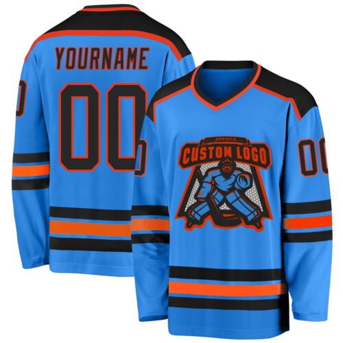 PowderBlue0169 Custom Powder Blue Black-Orange Hockey Jersey