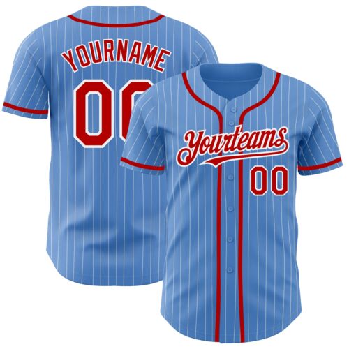 PowderBlue0249 Custom Powder Blue White Pinstripe Red Authentic Baseball Jersey