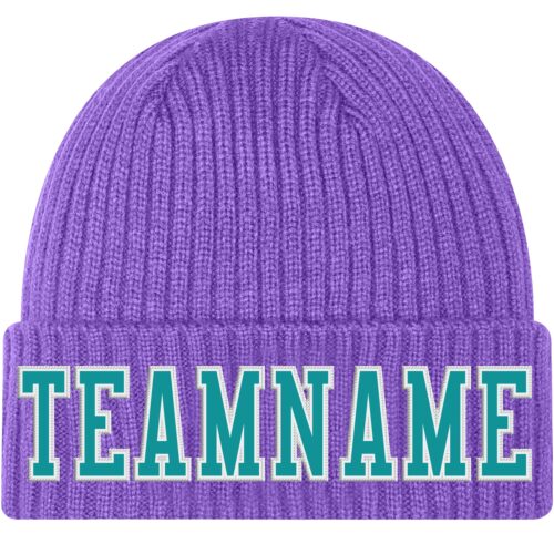 Purple0298 Custom Purple Aqua-White Stitched Cuffed Knit Hat