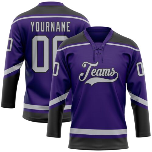 Purple0487 Custom Purple Gray-Black Hockey Lace Neck Jersey