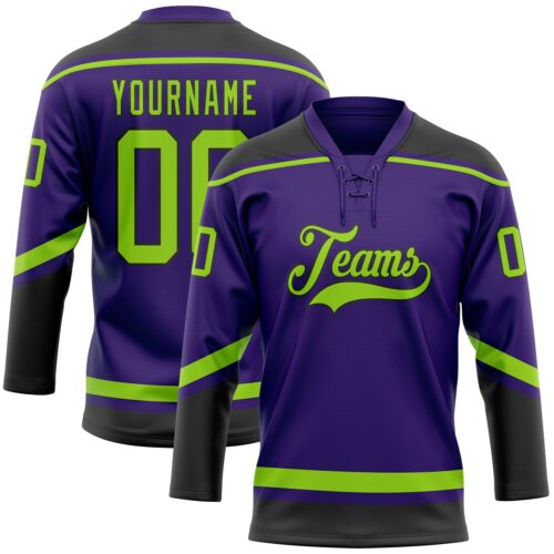 Purple0491 Custom Purple Neon Green-Black Hockey Lace Neck Jersey