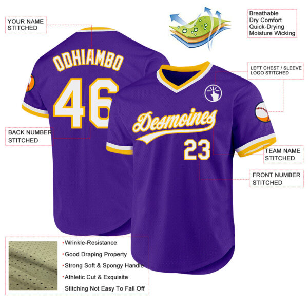 Custom Purple White-Gold Authentic Throwback Baseball Jersey